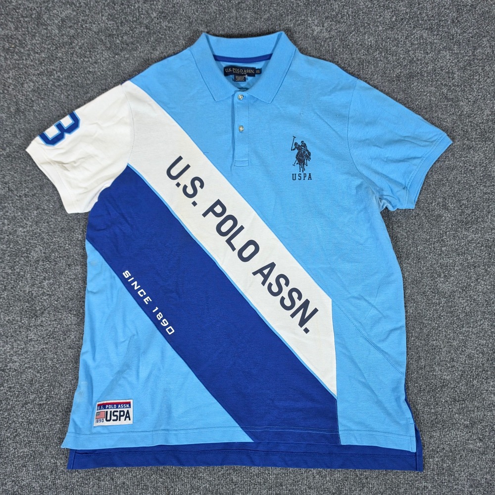 US Polo Assn Mens XXL Blue Colorblock Short Sleeve Pique Polo Shirt Big Logo